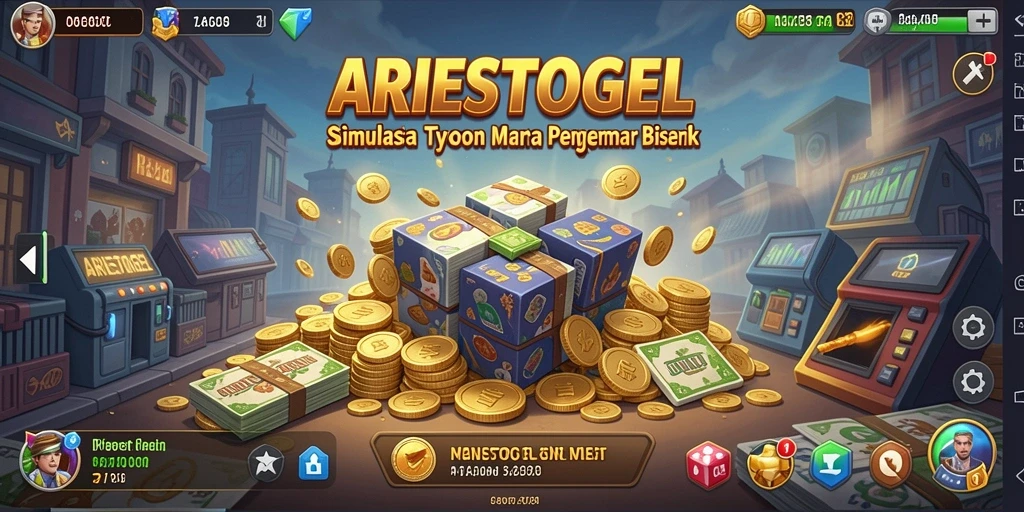Tampilan gameplay <strong>ARIESTOGEL</strong> menampilkan manajemen bisnis yang dinamis dan strategis.