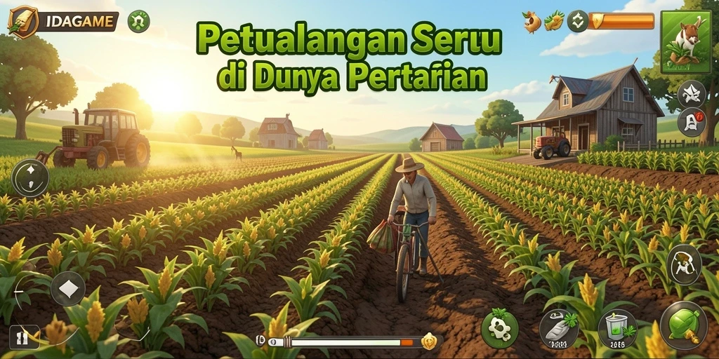 Tangkapan layar IDAGAME menampilkan keseruan bertani di ladang yang hijau.