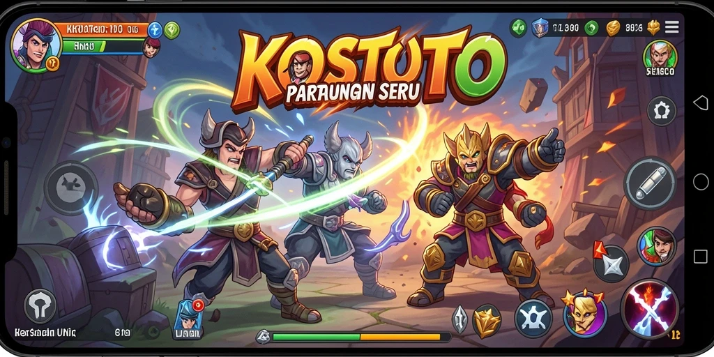 Tampilan pertarungan epik di KOSTOTO dengan karakter menarik.